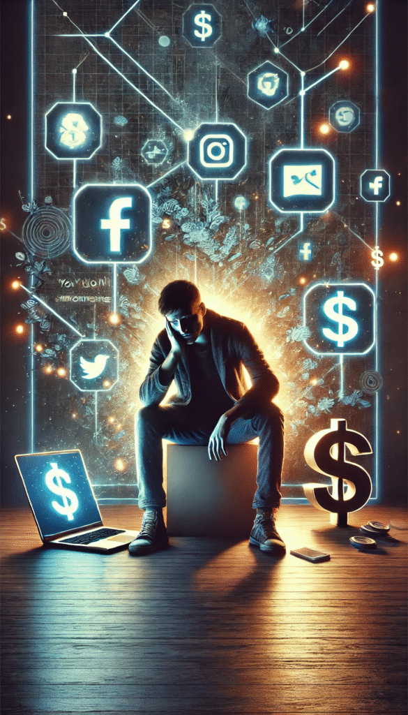 Ilustração cinematográfica de um iniciante perdido no universo do marketing digital, cercado por códigos e promessas de sucesso