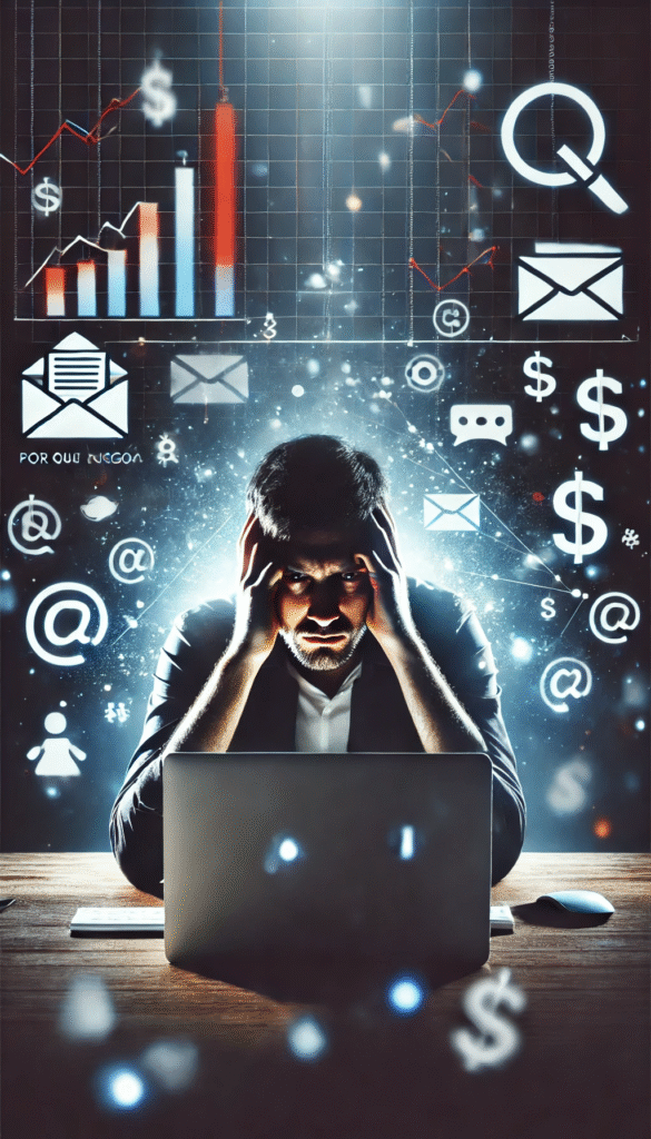 Divisor visual mostrando a transição entre etapas do fracasso à descoberta no marketing digital, estilo sombrio e moderno