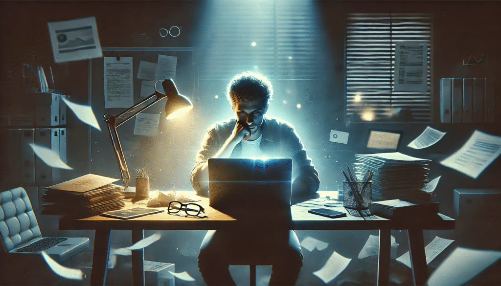 Pessoa frustrada em frente ao computador tentando ganhar dinheiro no marketing digital, ambiente escuro e dramático